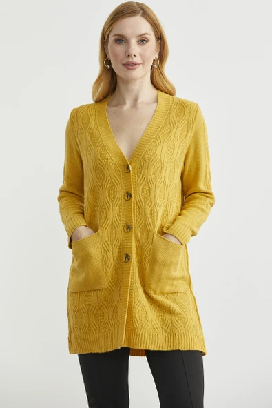 Cepli Uzun Yünlü Triko Hırka - Güneş - Resim 3