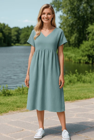 Kadın Bürümcük Müslin Elbise - İndigo ürün görseli