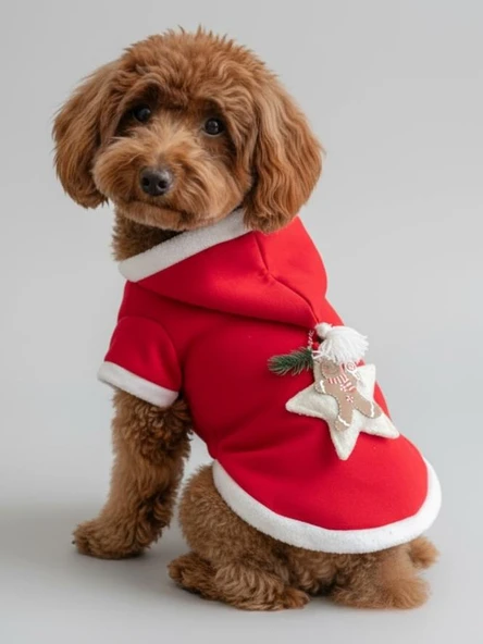 Yılbaşı Köpek Kıyafeti Yıldız Desenli Kırmızı Polar | Kapüşonlu Noel Köpek Kostümü | Küçük Irklar İçin - Resim 7