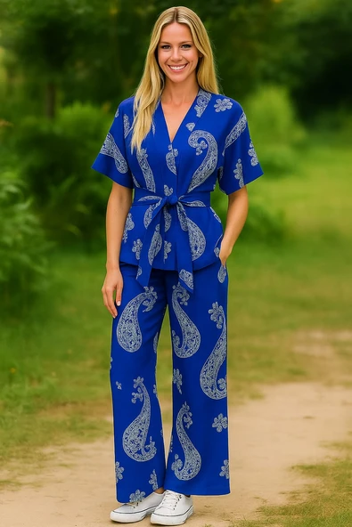 Kadın Keten Kimono Takım - Desenli ürün görseli