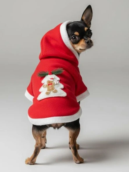 Yılbaşı Ağacı Kırmızı Polar Köpek Kıyafeti | Kapüşonlu Noel Köpek Sweatshirt | Küçük Irklar İçin - Resim 9