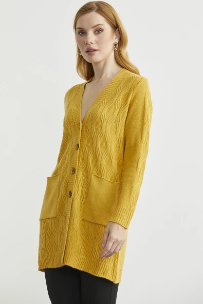 Cepli Uzun Yünlü Triko Hırka - Güneş - Resim 2