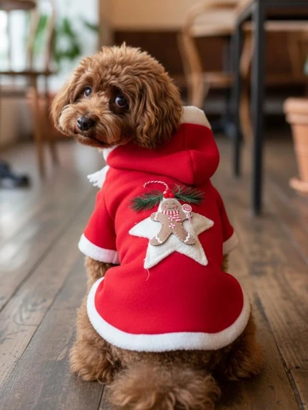 Yılbaşı Köpek Kıyafeti Yıldız Desenli Kırmızı Polar | Kapüşonlu Noel Köpek Kostümü | Küçük Irklar İçin - Resim 8