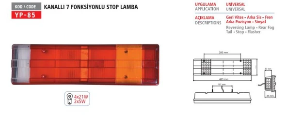 Unıversal Truck 7 Fonksıyonlu Stop Lambası Kanallı Kablolu - Yuceplast Yp-85 K ürün görseli