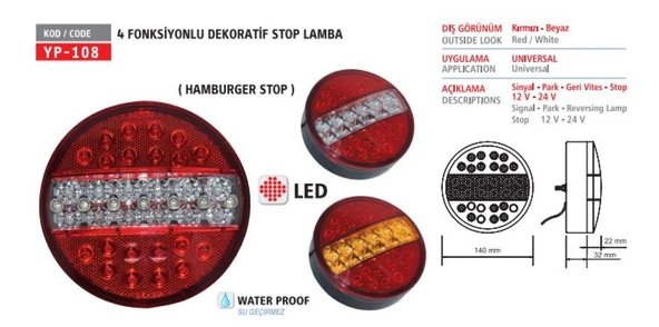 Unıversal Truck Stop Lambası Hamburger Tip 4 Fonksıyonlu Ledli - Yuceplast Yp-108 4f 24v ürün görseli