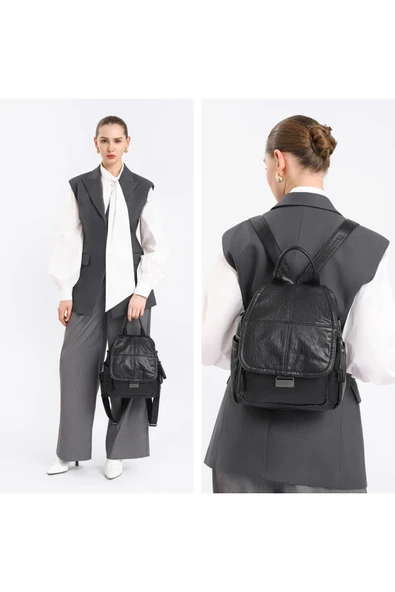 Yıkama Deri Sırt Askılı Kadın Çantası 21-K Barcelona 1908 - Resim 7