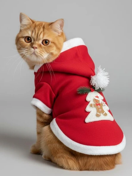 Yılbaşı Ağacı Kırmızı Polar Kedi Kıyafeti | Kapüşonlu Noel Kedi Sweatshirt | Küçük Irklar İçin ürün görseli 1