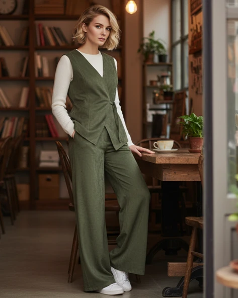 Kadın Nubuk 2'li Yelekli Takım - Bağlamalı - Haki ürün görseli