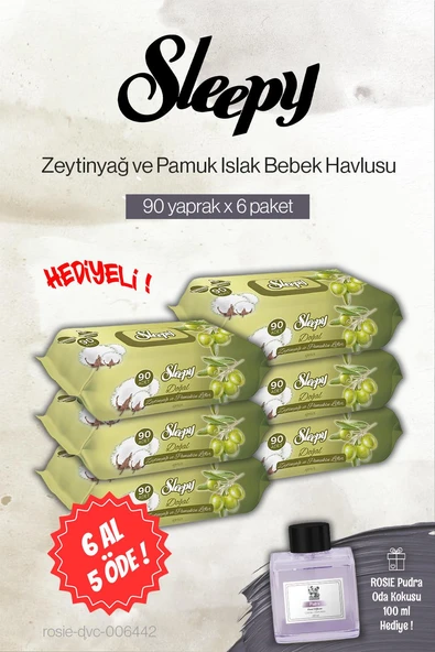 Sleepy 90'lı 6 AL 5 ÖDE Zeytinyağ ve Pamuklu Bebe Islak Havlu, Rosie Pudra Oda Kokusu ürün görseli