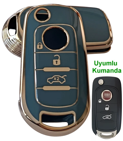 Fiat Egea Uyumlu Kumanda Anahar Kılıfı Oto Anahtarlık 3 Tuşlu Turkuaz Gold ürün görseli 1