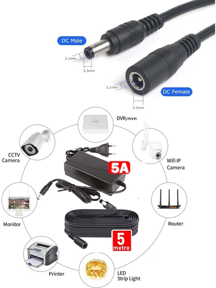 Ventus 12V 5A Adaptör + 5m Uzatma Kablosu Kayıt Cihazı , Kamera,  Monitör 220V/12V max 60W - Resim 5