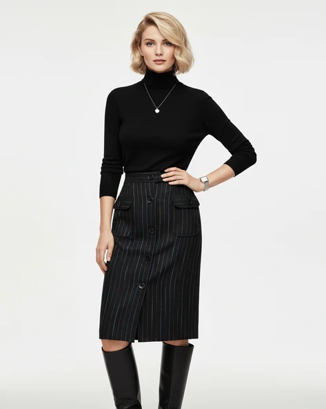 Kadın Kaşe Düğmeli Midi Etek - Desenli ürün görseli