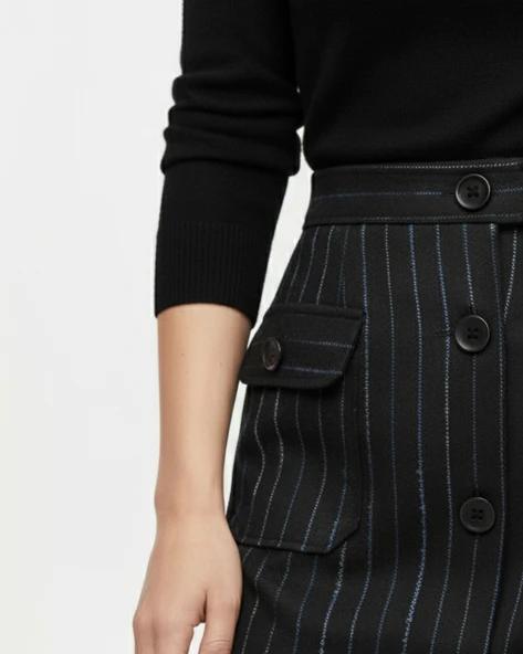 Kadın Kaşe Düğmeli Midi Etek - Desenli - Resim 3