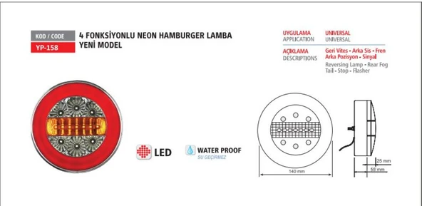 Unıversal Truck Stop Lambası 4 Fonksıyonlu Neon Unıversal 24v ( Hamburger ) - Yuceplast Yp-158 24v ürün görseli