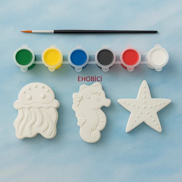 Ehobici Taş Boyama Seti Ahtapot & Deniz Atı & Deniz Yıldızı 6 Renk Akrilik Boya 5ml + Fırça ürün görseli 1