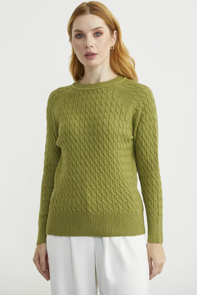 Saç Örgü Motifli Yuvarlak Yaka Triko Kazak - Yeşil ürün görseli