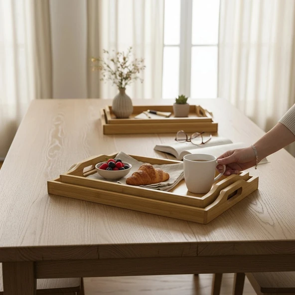 MyBru Dikdörtgen Bambu Tepsi 3'lü Set - Resim 2