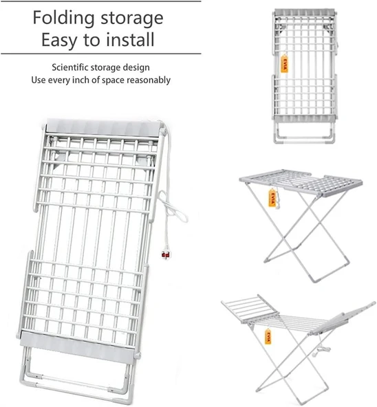 Katlanır Isıtmalı 18 Barlı Elbise Askısı Kanatlı, Elektrikli Isıtmalı Elbise Askısı, 230w Enerji Verimli Airer Islak Çamaşır Kurutma At Rafı, Banyo için Çamaşır Odası, Gümüş - Resim 2