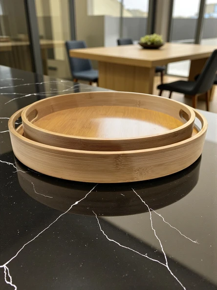 MyBru Yuvarlak Bambu Tepsi 2'li Set - Resim 4