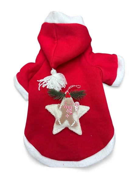 Yılbaşı Kedi Kıyafeti Yıldız Desenli Kırmızı Polar | Kapüşonlu Noel Kedi Kostümü | Kurabiye Temalı - Resim 4