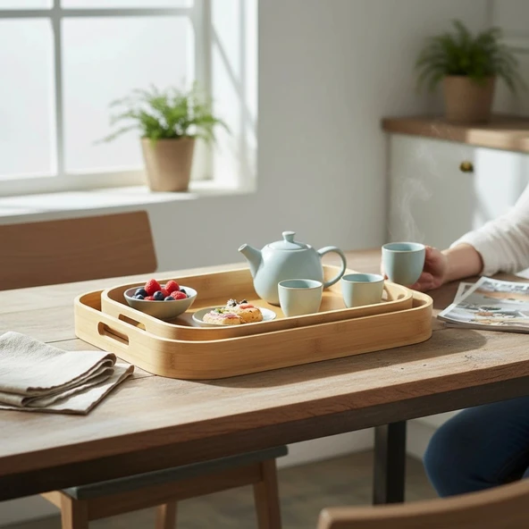 MyBru Dikdörtgen Bambu Tepsi 2'li Set ürün görseli