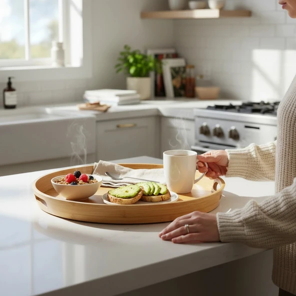 MyBru Yuvarlak Bambu Tepsi 2'li Set - Resim 2