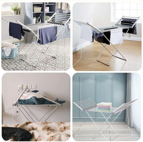 20 Bar Kanatlı Elektrikli Elbise Askısı Portatif İç Mekan Kurutmalık - Havlupan, Katlanır Elektrikli Kurutma Makinesi, X-ayak - Resim 2