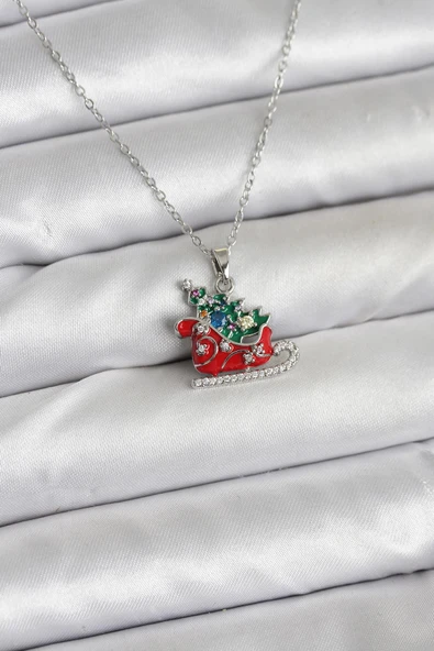 Gümüş Renk Kızak ve Çam Ağacı Figürlü Yılbaşı Temalı Kadın Kolye (316L Çelik Zincir) - Resim 2