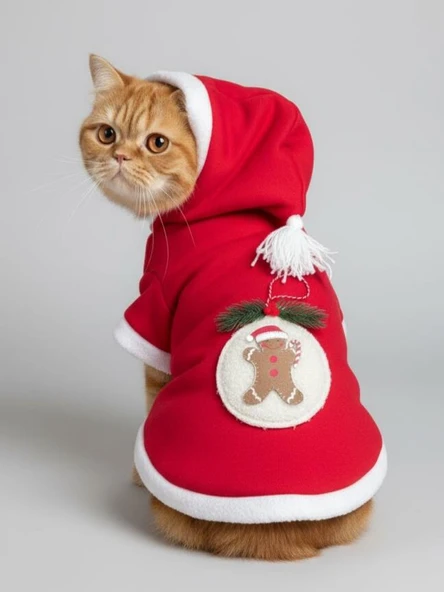 Yılbaşı Kedi Kıyafeti Snow Ball Kırmızı Polar | Kapüşonlu Noel Kedi Kostümü | Kurabiye Temalı ürün görseli 1