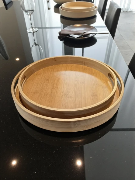 MyBru Yuvarlak Bambu Tepsi 2'li Set - Resim 5