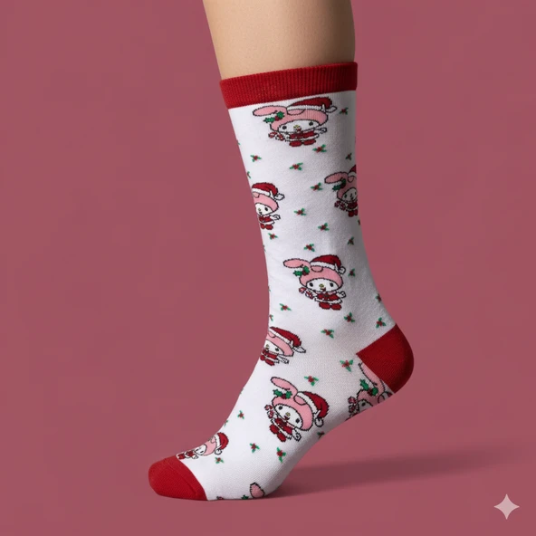 Kawaii Stil Yılbaşı Temalı Tavşan Desenli Pamuklu Çorap ürün görseli