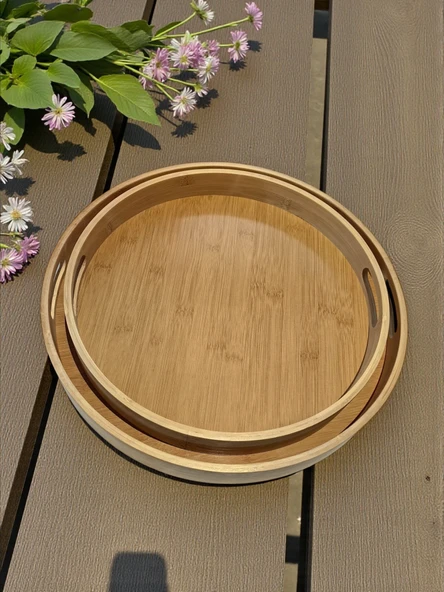 MyBru Yuvarlak Bambu Tepsi 2'li Set - Resim 7