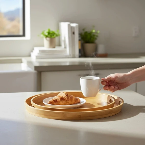 MyBru Yuvarlak Bambu Tepsi 2'li Set ürün görseli