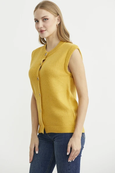 Düğme Kapamalı Yünlü Triko Yelek - Güneş - Resim 4