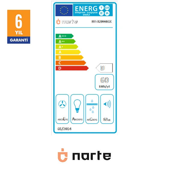 NARTE -H20060W 60 CM Beyaz Cam Inox Çıtalı Eğimli Davlumbaz - 6 YIL GARANTİLİ - Resim 4