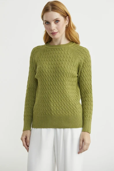 Saç Örgü Motifli Yuvarlak Yaka Triko Kazak - Yeşil - Resim 2