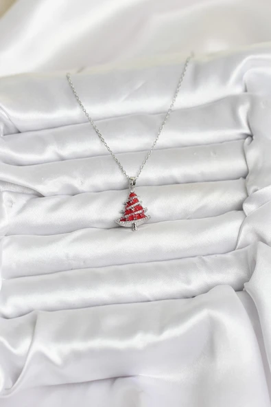 Gümüş Renk Kırmızı Çam Ağacı Model Yılbaşı Temalı Kadın Kolye (316L Çelik Zincir) ürün görseli