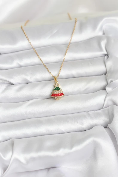 Gold Ren Çam Ağacı Model Zirkon Taşlı Yılbaşı Temalı Kadın Kolye (316L Çelik Zincir) ürün görseli