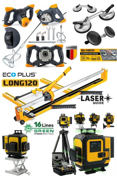 EcoPlus4 Seramik Usta Seti : Boya ve Harç Karıştırıcı Mikser-2'li Vantuz-120mm Fayans Kesme-Lazer - Resim 2