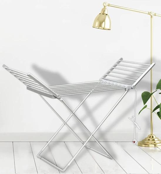 Katlanır Isıtmalı 18 Barlı Elbise Askısı Kanatlı, Elektrikli Isıtmalı Elbise Askısı, 230w Enerji Verimli Airer Islak Çamaşır Kurutma At Rafı, Banyo için Çamaşır Odası, Gümüş ürün görseli