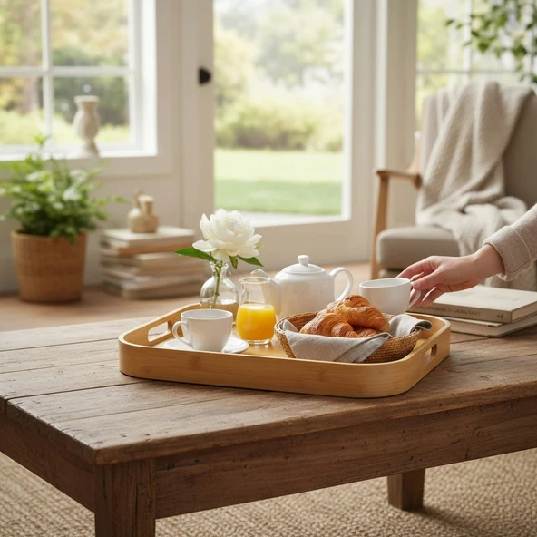 MyBru Dikdörtgen Bambu Tepsi 2'li Set - Resim 2