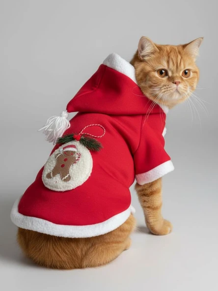 Yılbaşı Kedi Kıyafeti Snow Ball Kırmızı Polar | Kapüşonlu Noel Kedi Kostümü | Kurabiye Temalı - Resim 8