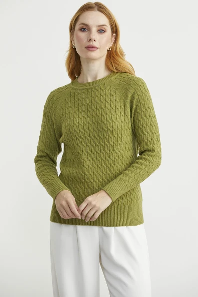 Saç Örgü Motifli Yuvarlak Yaka Triko Kazak - Yeşil - Resim 3