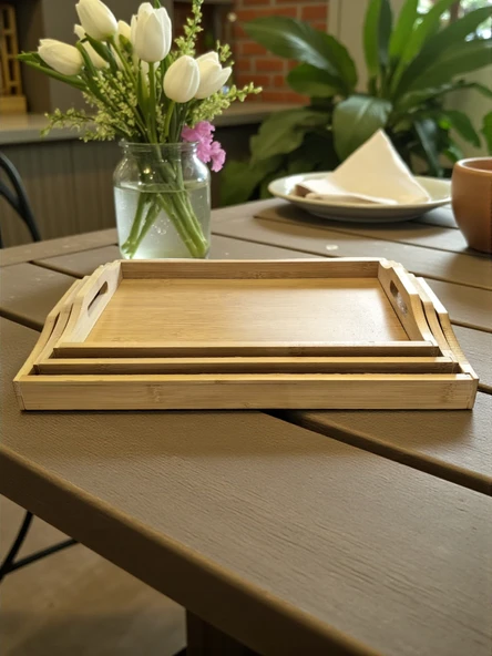 MyBru Dikdörtgen Bambu Tepsi 3'lü Set - Resim 6