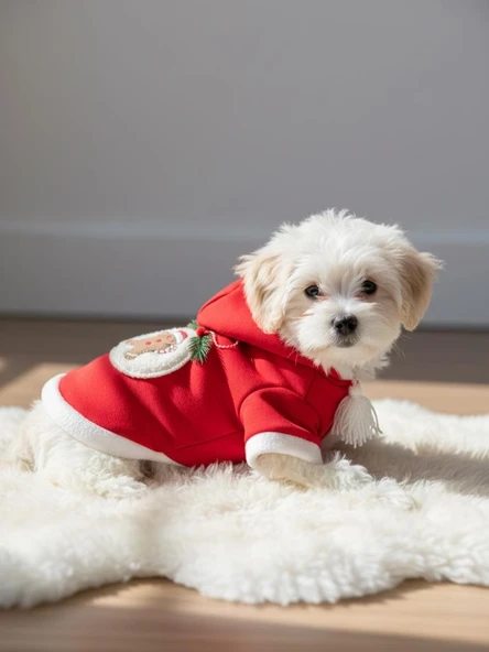 Yılbaşı Köpek Kıyafeti Snow Ball Kırmızı Polar | Kapüşonlu Noel Köpek Kostümü | Küçük Irklar İçin - Resim 5