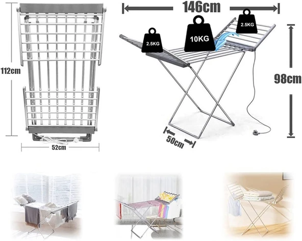 20 Bar Kanatlı Elektrikli Elbise Askısı Portatif İç Mekan Kurutmalık - Havlupan, Katlanır Elektrikli Kurutma Makinesi, X-ayak - Resim 3