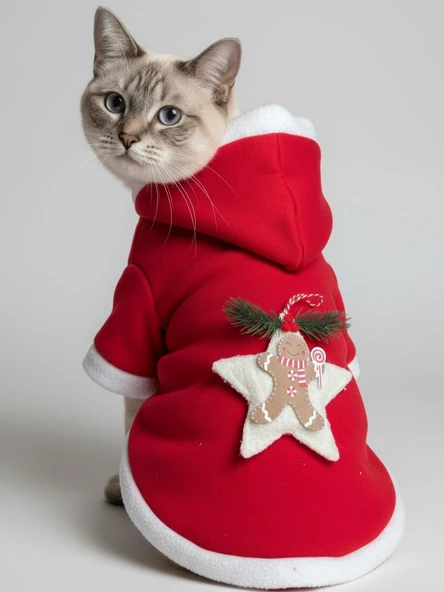 Yılbaşı Kedi Kıyafeti Yıldız Desenli Kırmızı Polar | Kapüşonlu Noel Kedi Kostümü | Kurabiye Temalı - Resim 9