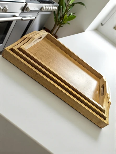 MyBru Dikdörtgen Bambu Tepsi 3'lü Set - Resim 5