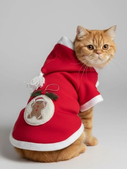 Yılbaşı Kedi Kıyafeti Snow Ball Kırmızı Polar | Kapüşonlu Noel Kedi Kostümü | Kurabiye Temalı - Resim 6