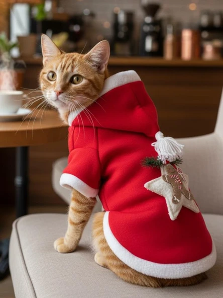 Yılbaşı Kedi Kıyafeti Yıldız Desenli Kırmızı Polar | Kapüşonlu Noel Kedi Kostümü | Kurabiye Temalı - Resim 5